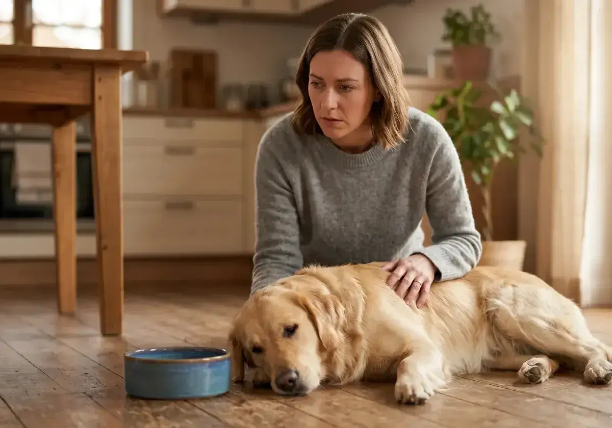 Besorgte Frau streichelt Golden Retriever, der neben seinem Wassernapf liegt. Der Hund trinkt nicht, sie macht sich Sorgen.