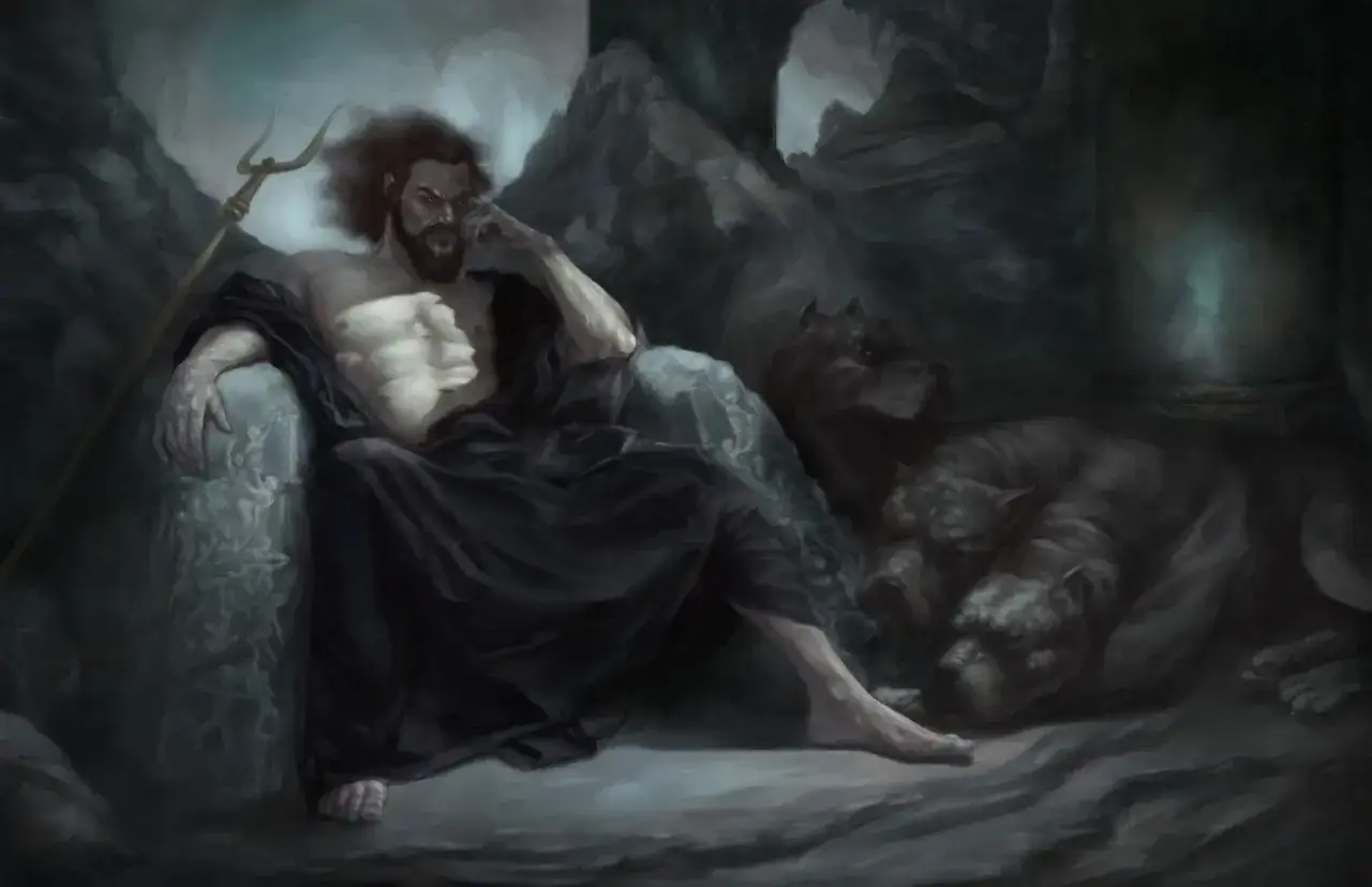 Hades bóg siedzi na tronie, oparty o laskę, z Cerberem u boku.