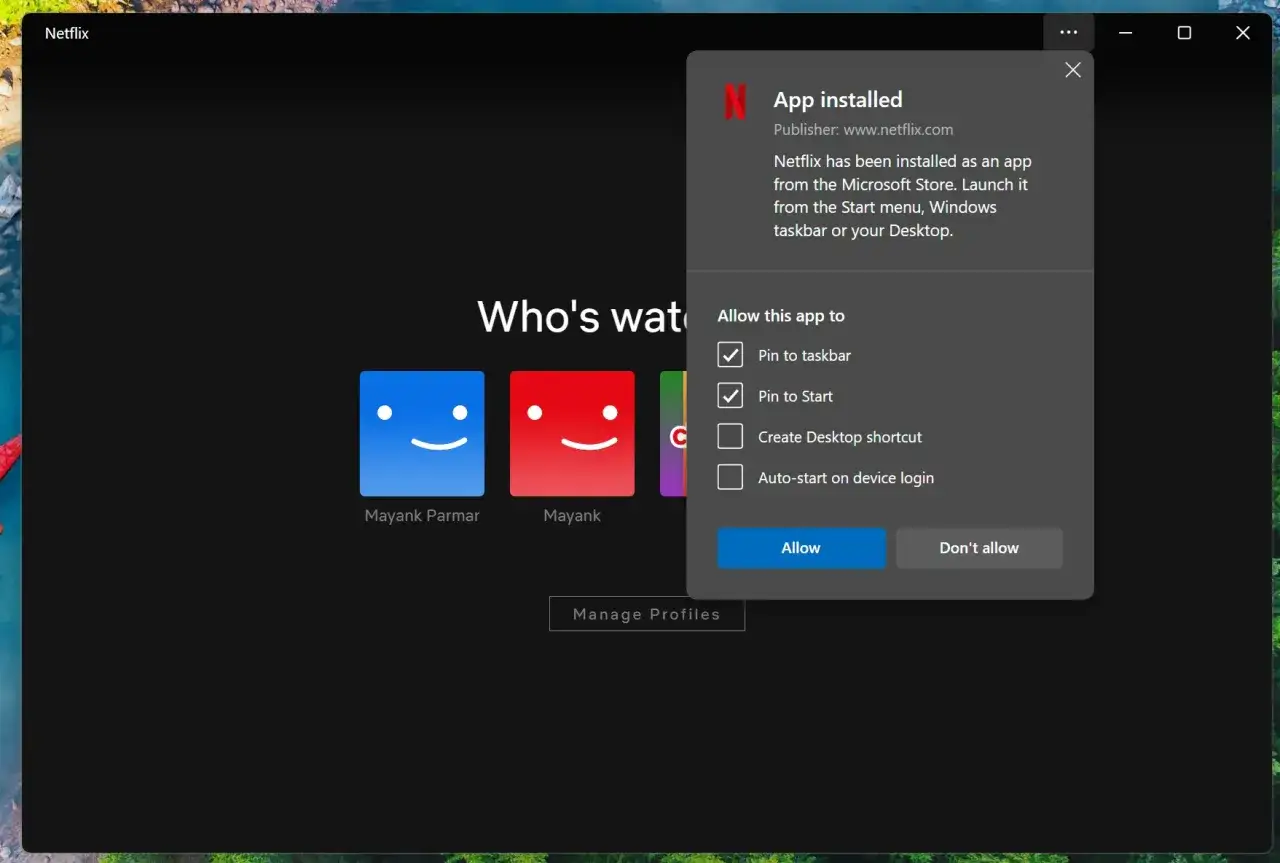 Netflix aplikacja Windows zainstalowana. Pozwala przypiąć do paska zadań i menu Start.
