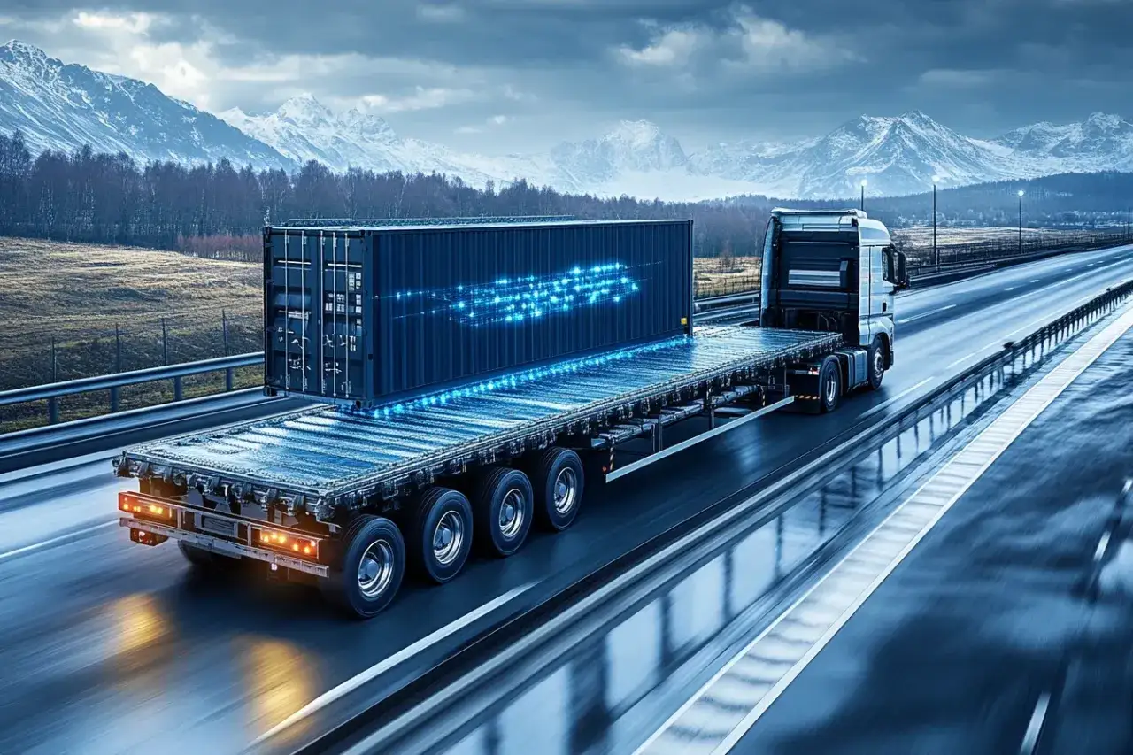 Ciężarówka z kontenerem, symbolizująca nowoczesny pkd transport drogowy, jedzie autostradą w górskim krajobrazie.