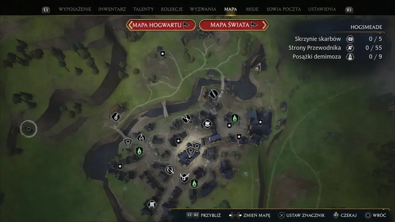 Mapa Hogsmeade z gry Hogwarts Legacy, pokazująca ikony zadań i postępów. Może to być zapowiedź nadchodzącego Hogwarts Legacy DLC.