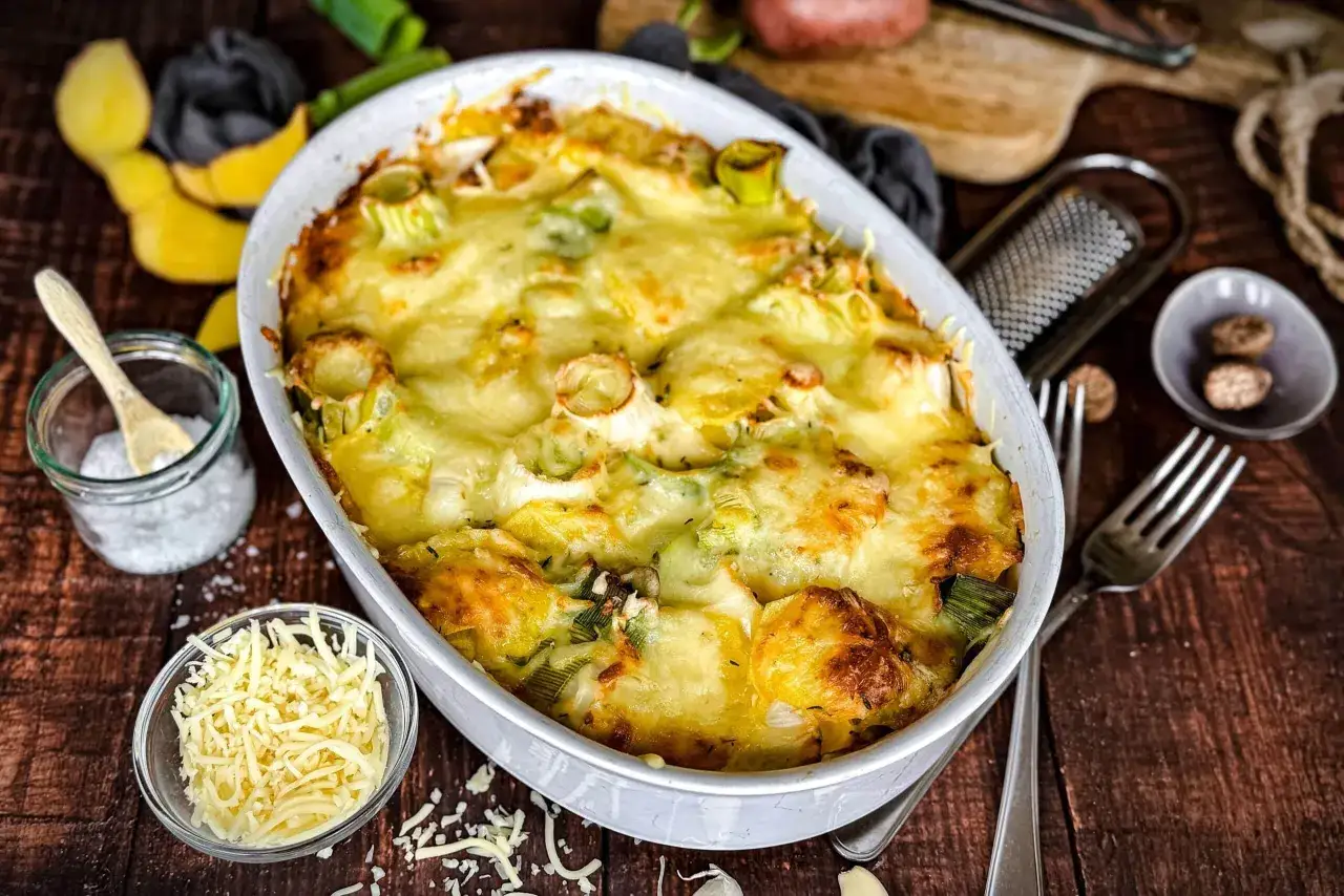 Herzhaft überbackener Lauchauflauf mit Käse, eine köstliche Idee für Lauch Rezepte. Dazu geriebener Käse, Salz und Muskatnuss.