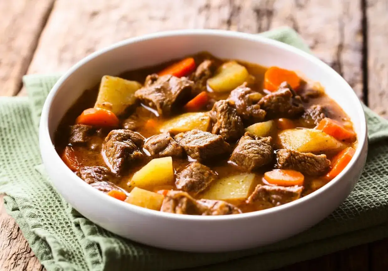 Pyszna zupa gulaszowa Ani gotuje się powoli, z kawałkami mięsa, ziemniaków i marchewki w aromatycznym sosie.
