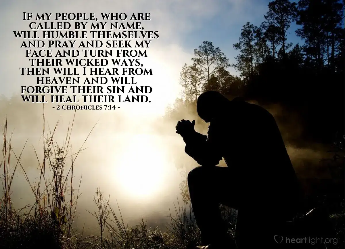 A silhouette of a person praying in a misty forest. Text reads: