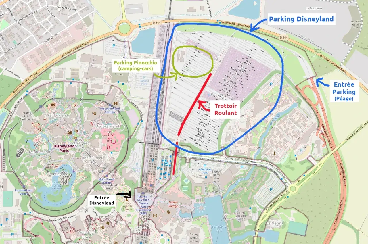 Plan de Disneyland Paris : parking Pinocchio (camping-cars) et aire camping pr&egrave;s de Disneyland Paris pas cher.