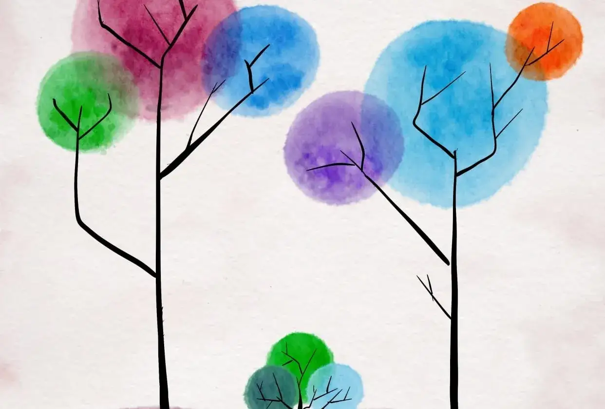 &Aacute;rboles estilizados con copas de colores vibrantes, creados con dibujos a tinta y acuarela.