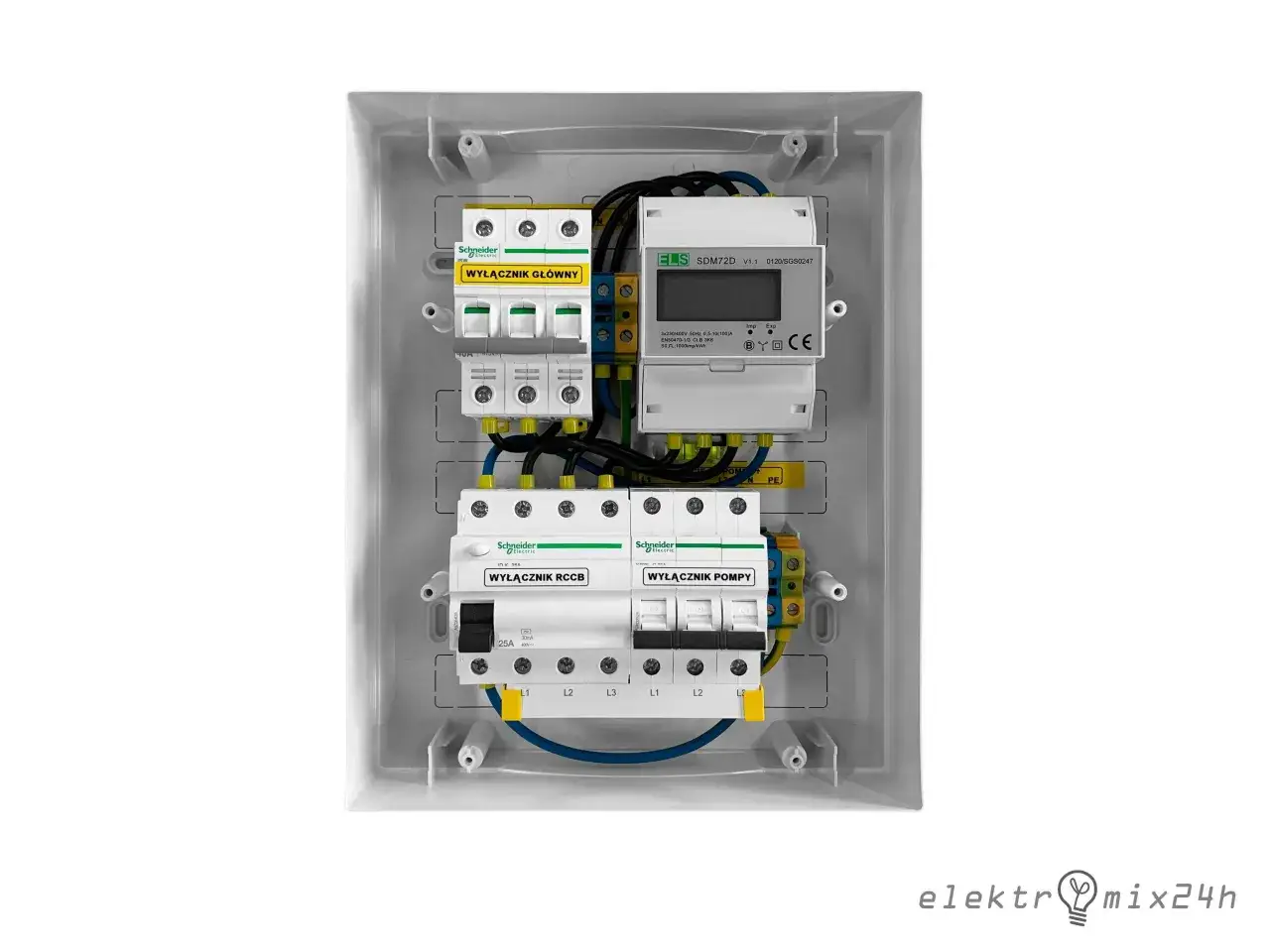 Instalacja elektryczna do pompy ciepła: wyłącznik główny, licznik energii, wyłącznik RCCB i wyłącznik pompy w obudowie.