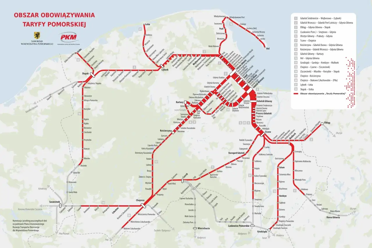 Mapa pokazuje do jakich miast nad morzem można dojechać pociągiem PKM: Hel, Władysławowo, Puck, Gdańsk, Sopot, Gdynia, Ustka, Łeba.