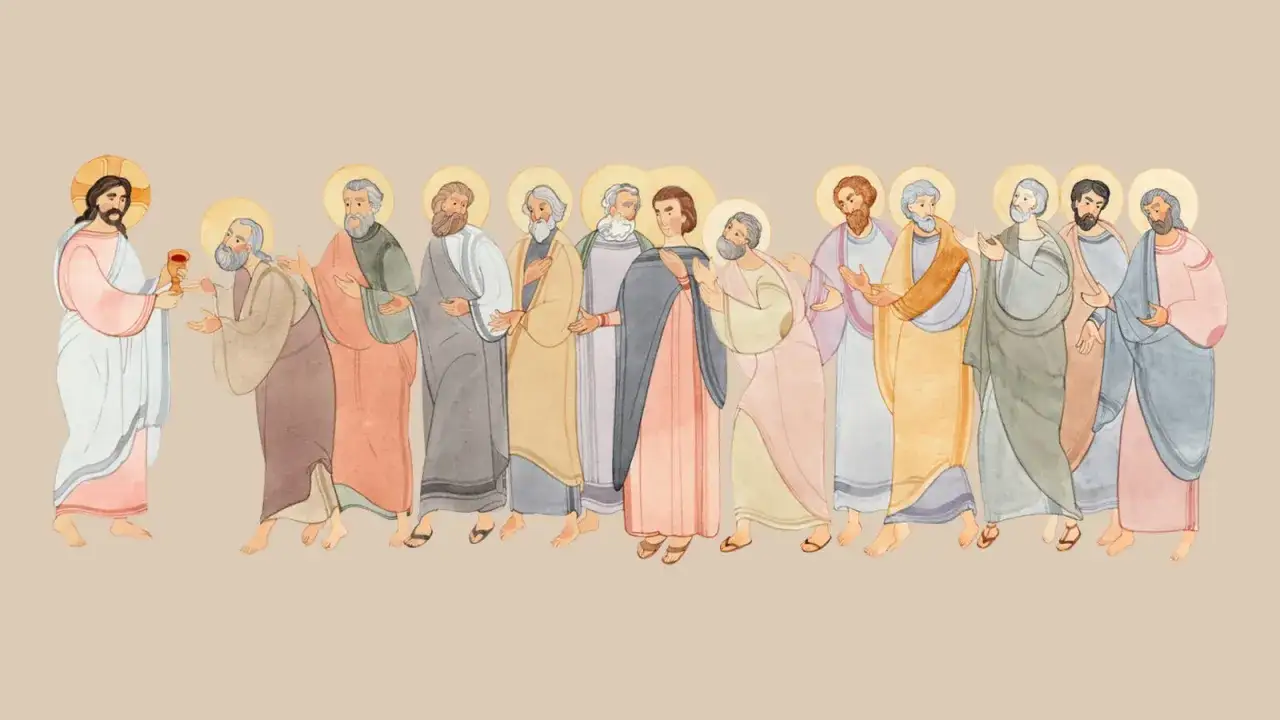 Jesus, the way, the truth, and the life, offers a chalice to his disciples, who reach out in faith.