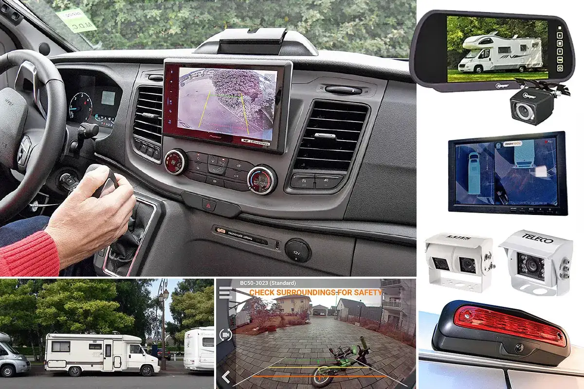 Tableau de bord d'un camping-car avec &eacute;cran affichant une cam&eacute;ra de recul. Divers kits d'installation de cam&eacute;ra de recul sans fil pour camping-car sont pr&eacute;sent&eacute;s.