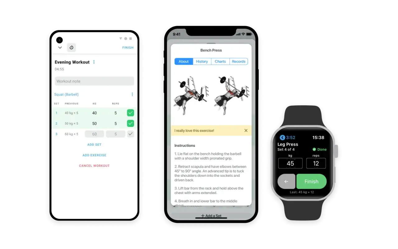 Träningsappar på tre enheter visar övningar, vikter och repetitioner. En gratis gym app som hjälper dig att logga dina pass.