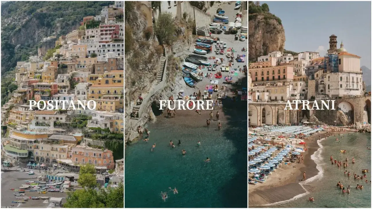 Three Amalfi Coast towns: Positano's colorful houses cascading down the cliff, Furore's hidden beach with swimmers, and Atrani's bustling beach with umbrellas.