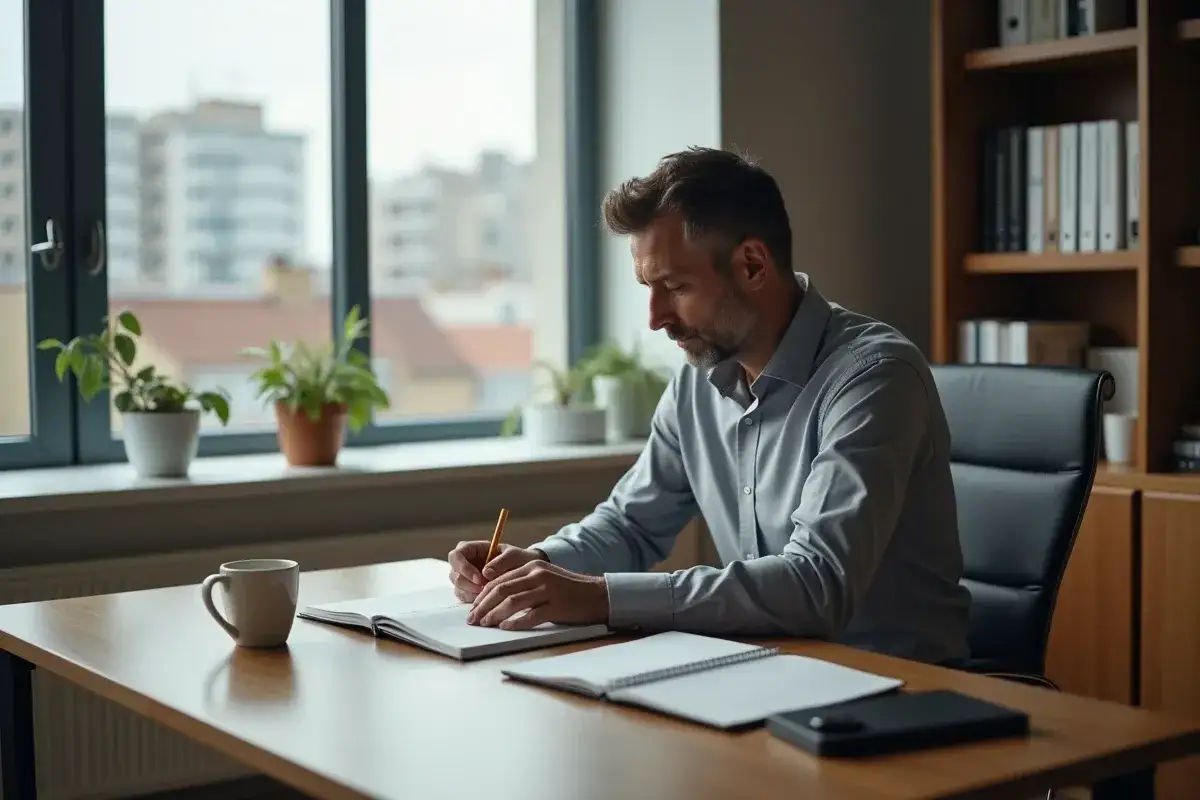 Un homme concentr&eacute; &eacute;crit dans un carnet, une tasse de caf&eacute; &agrave; port&eacute;e de main. Il semble r&eacute;fl&eacute;chir, je suis sceptique quant &agrave; la facilit&eacute; de sa t&acirc;che.