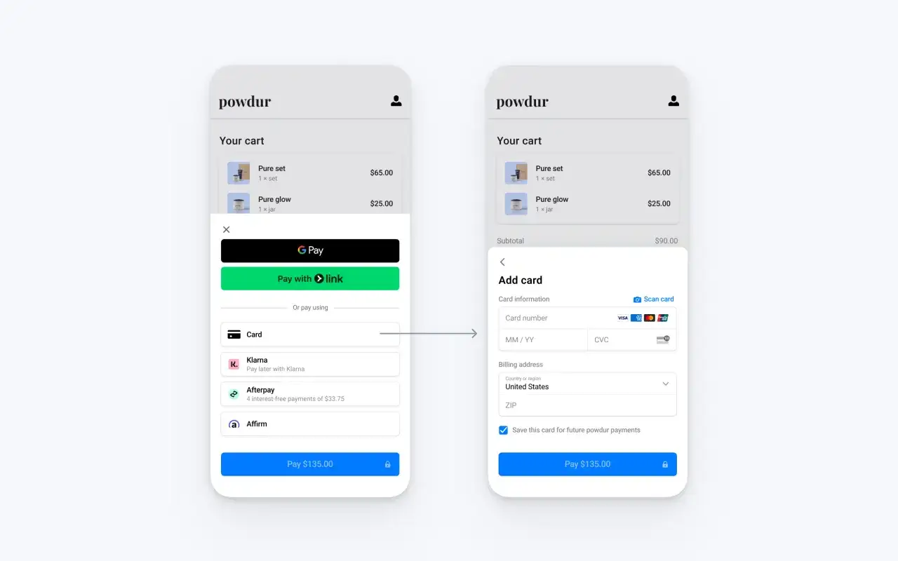 Interface de paiement pour des produits de beauté. Options : Google Pay, Link, carte bancaire, Klarna, Afterpay, Affirm. Le virement permanent est une option pour les paiements futurs.