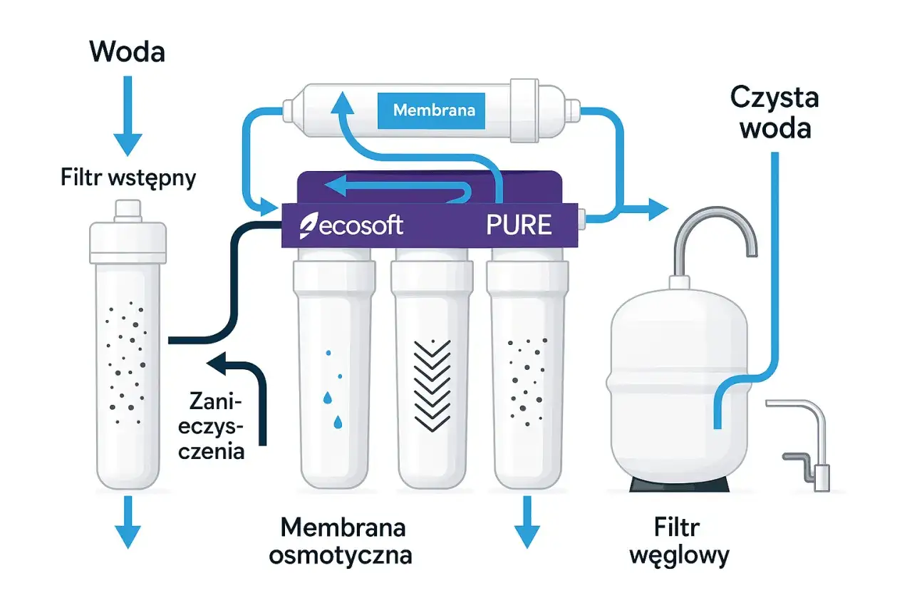 Schemat działania systemu odwrócona osmoza co to. Woda przechodzi przez filtry, membranę osmotyczną i węglowy, by uzyskać czystą wodę.