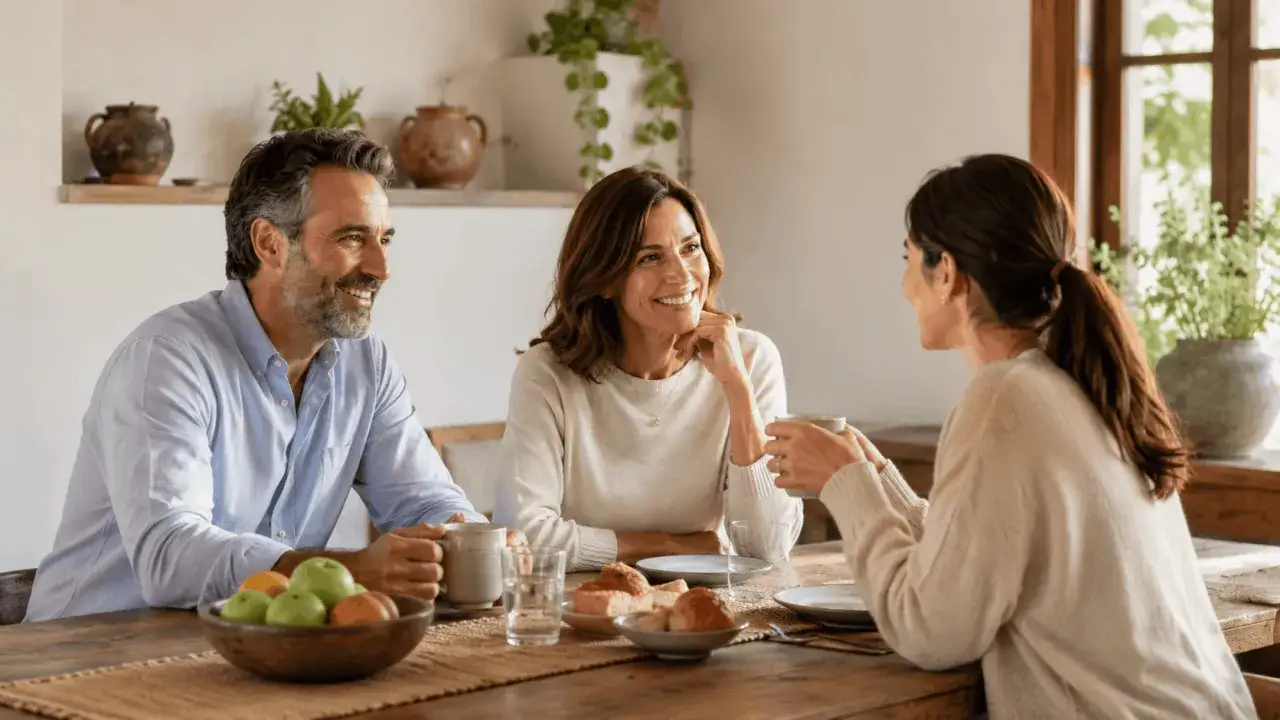 Una familia anfitriona comparte un momento agradable en la mesa, sonriendo y conversando mientras disfrutan de un desayuno ligero.