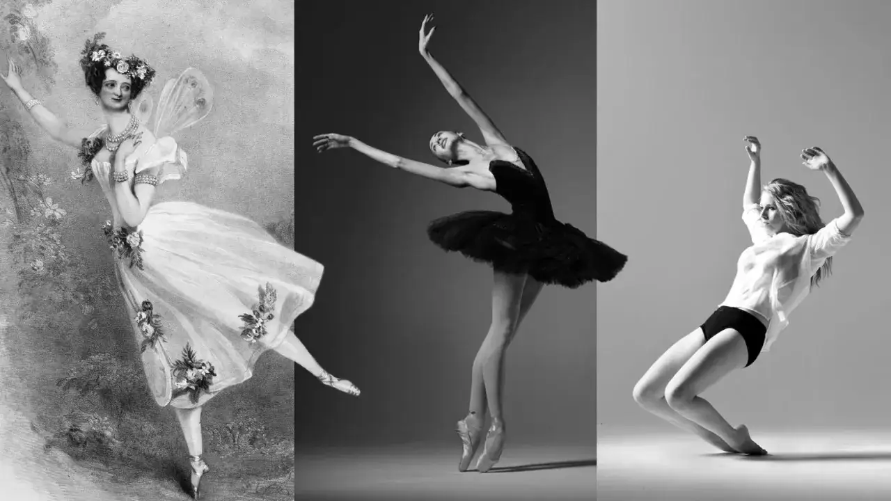 Trzy kobiety w różnych stylach ukazują piękno **motywu tańca**: od baletnicy w sukni z epoki, przez tancerkę w czarnej tutu, po współczesną tancerkę w luźnej koszuli.