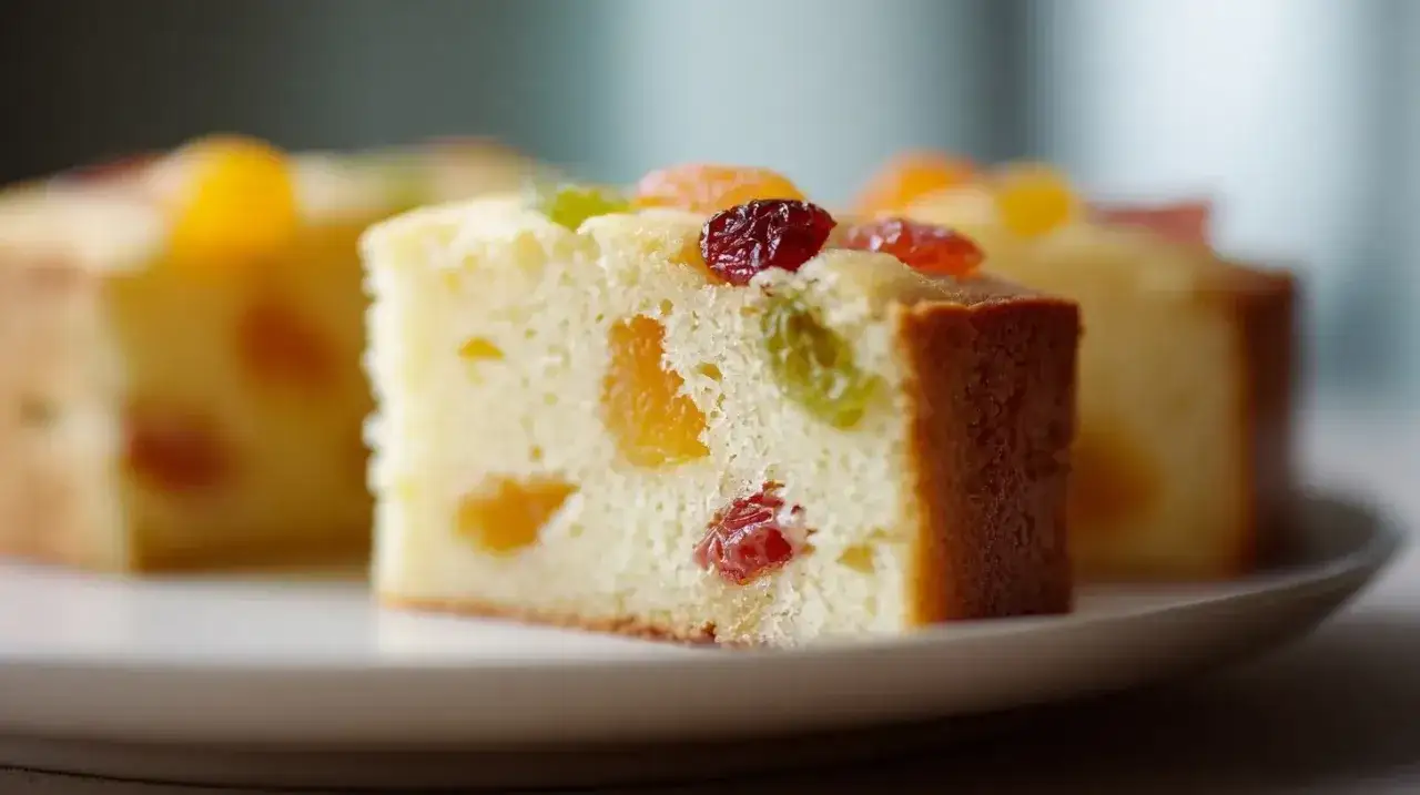Tranche de gâteau de semoule moelleux, parsemé de fruits confits colorés. Un délice gourmand.
