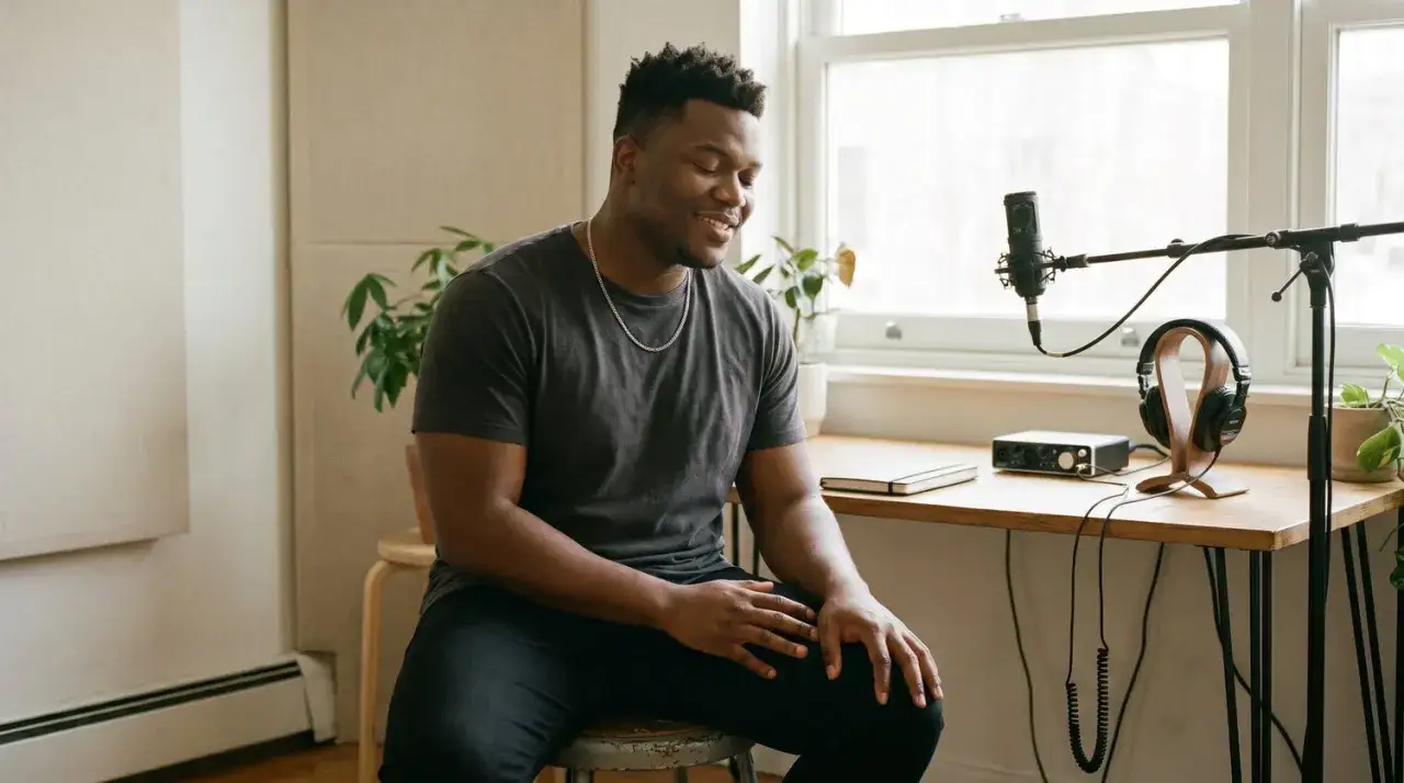 Un homme souriant est assis devant un bureau avec un microphone et un casque. Il a un bel **oreille musical**, prêt à enregistrer.