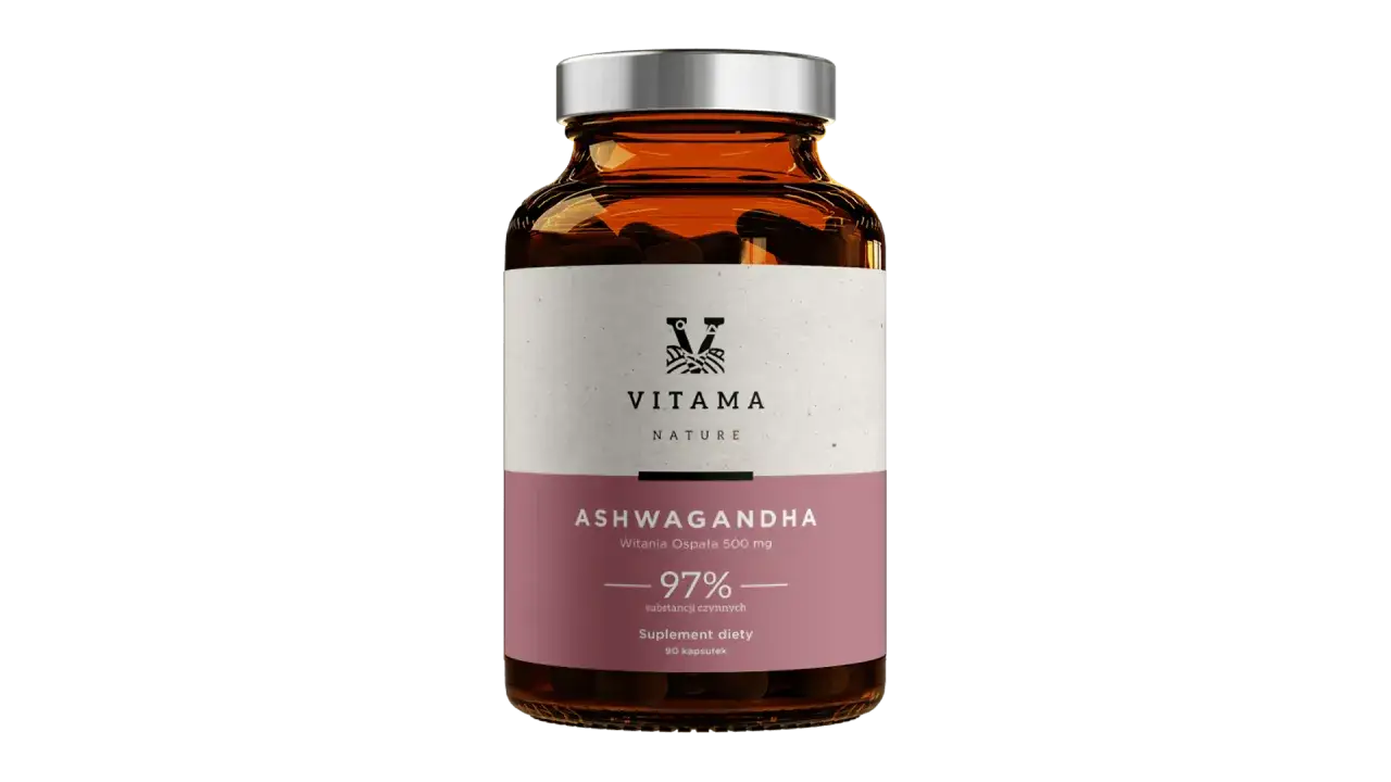 Szklana butelka z suplementem diety Ashwagandha 500 mg, zawierająca 97% substancji czynnych.