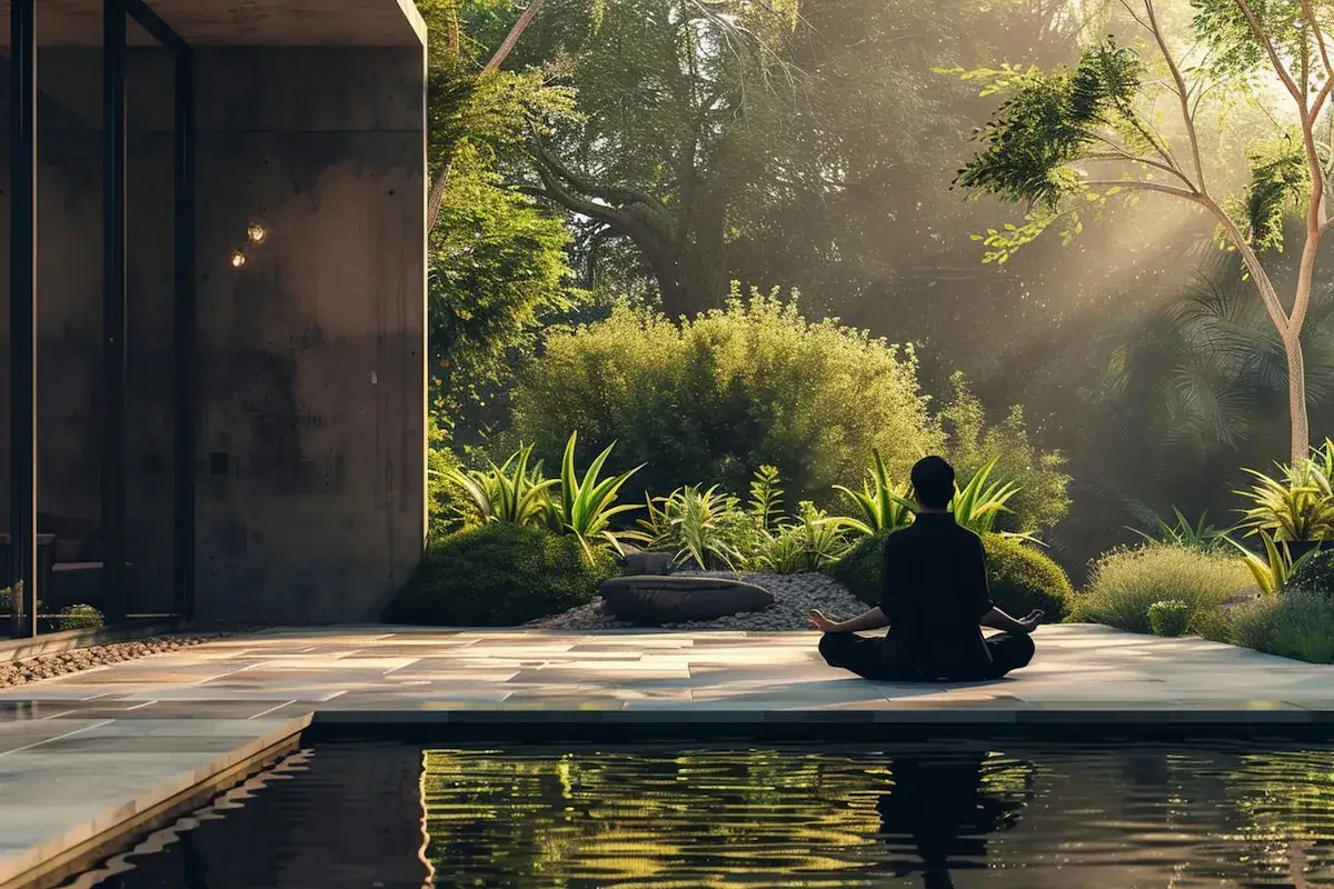 Persona en posición de loto en un sereno espacio de meditación, rodeado de exuberante vegetación y luz solar filtrada.