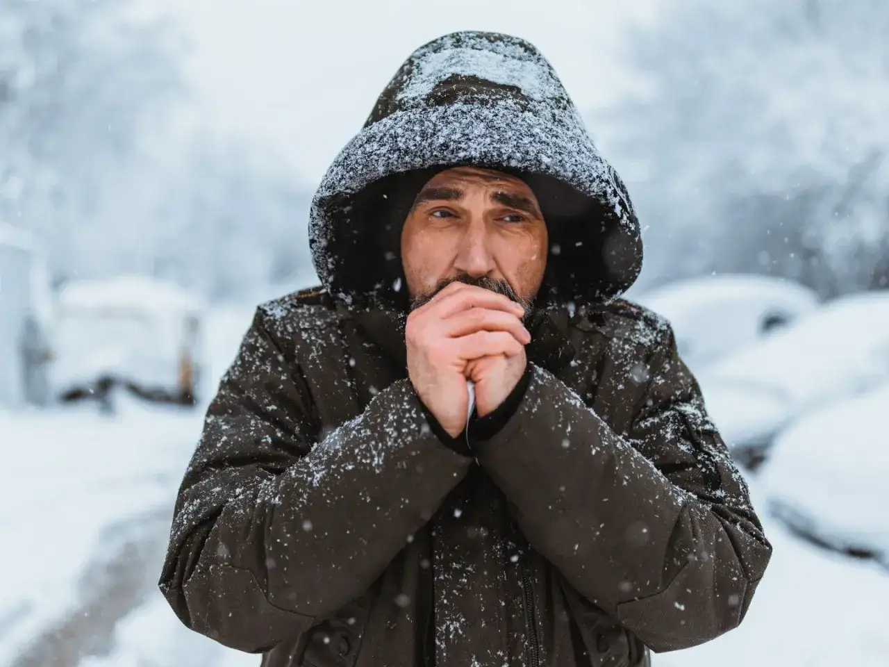 Man med m&ouml;ssa och jacka fryser i sn&ouml;storm, h&auml;nderna mot munnen. Kylan ger en k&auml;nsla av frossa och stress.