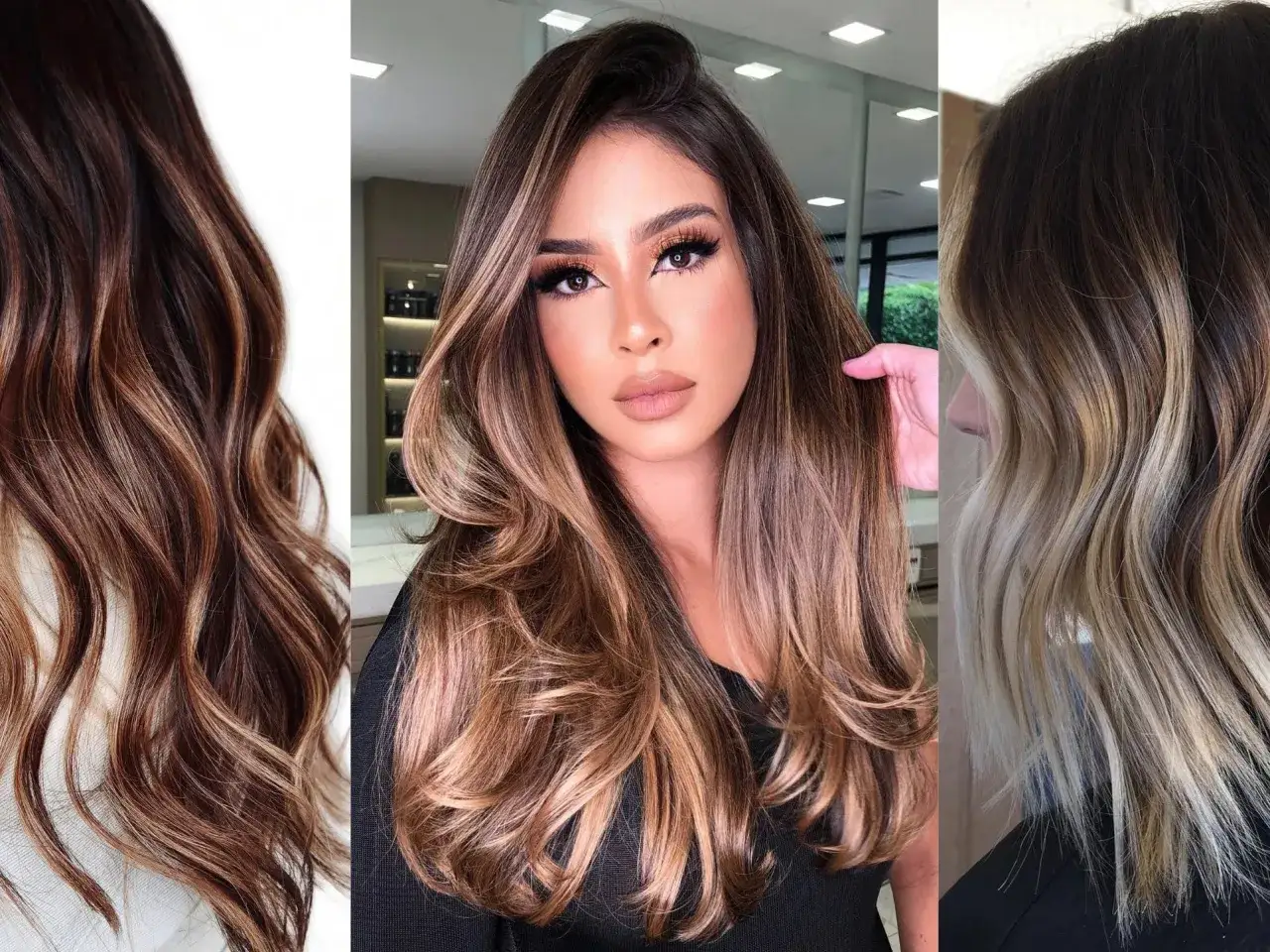 Tres estilos de cabello con reflejos que van del color chocolate a rubios claros, creando un efecto degradado y natural.