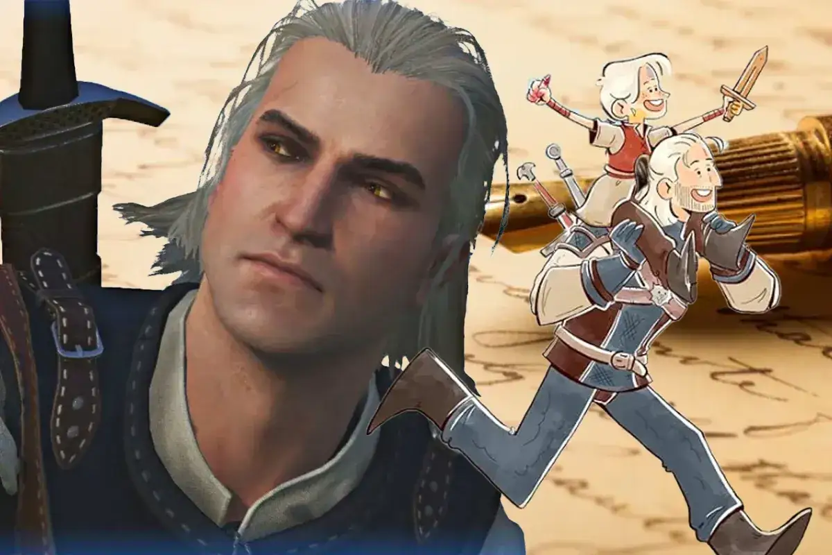 Geralt z Rivii i jego syn na tle pióra. Ilustracja pokazuje, jakie są różnice w kreacji bohatera w literaturze polskiej a anglosaskiej.