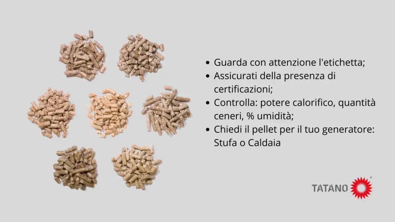 Pile di pellet di legno, combustibile ecologico. Cos'è il pellet? Verifica etichette, certificazioni, potere calorifico e umidità per stufa o caldaia.
