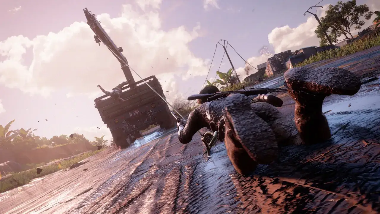 Nathan Drake walczy o życie, gdy ciężarówka z dźwigiem spada z drogi. Uncharted 4 poradnik.