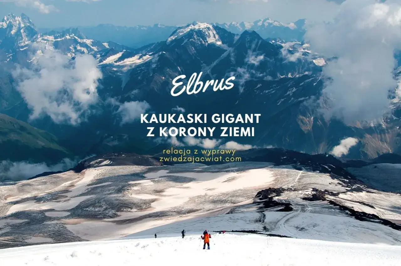 Majestatyczne góry Kaukazu, z dominującym szczytem Elbrus. Widok na lodowce i wspinaczy, którzy podziwiają ten potężny masyw.