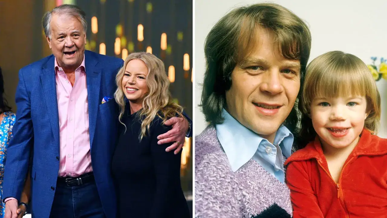 Maria Berghagen Enander ler bredvid en man i bl&aring; kavaj. Till h&ouml;ger en man med barn.