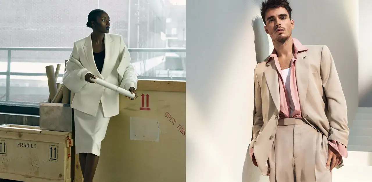 Modello Hugo con abito bianco, modella Hugo con abito beige e rosa.