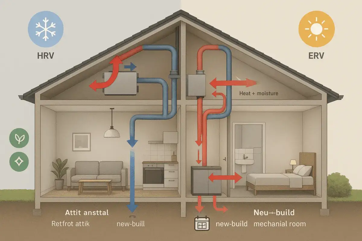 Diagrama de una casa mostrando la **instalaci&oacute;n de ventilaci&oacute;n** HRV y ERV, con conductos de aire azul y rojo que circulan por las habitaciones.