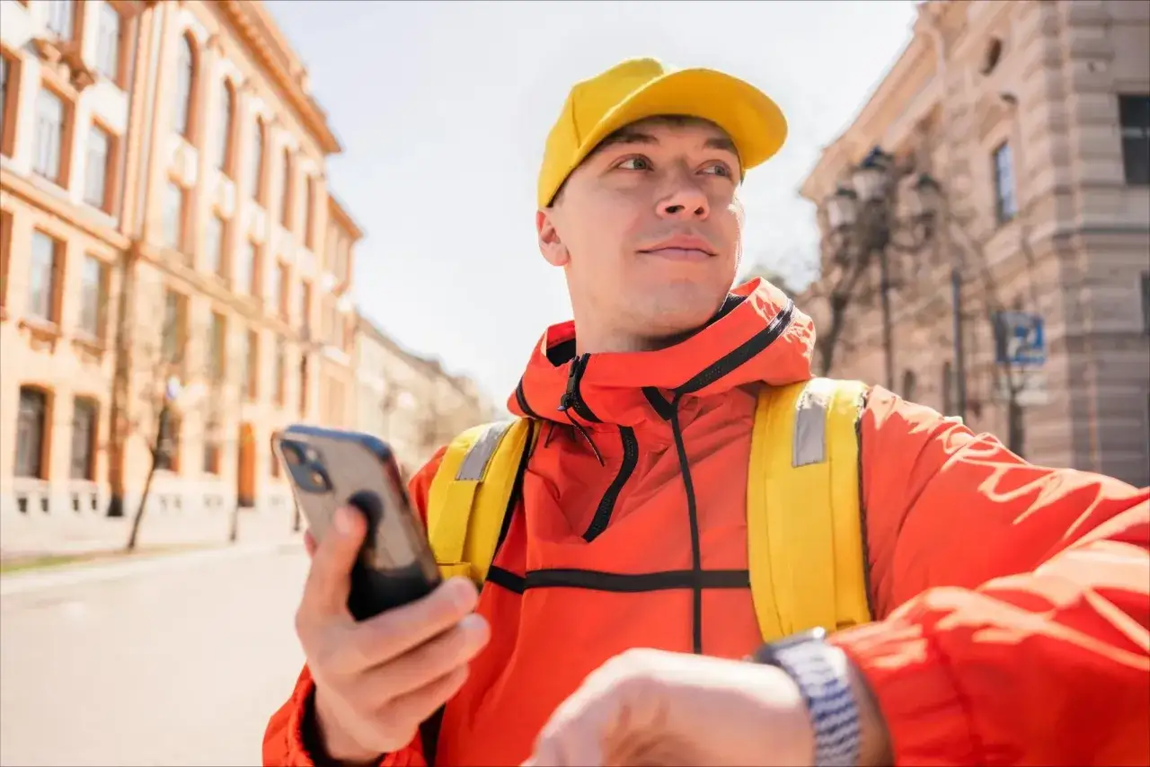 Kurier Glovo w pomarańczowej kurtce i ż&oacute;łtej czapce sprawdza telefon, gotowy do odbioru płatności Glovo cash.