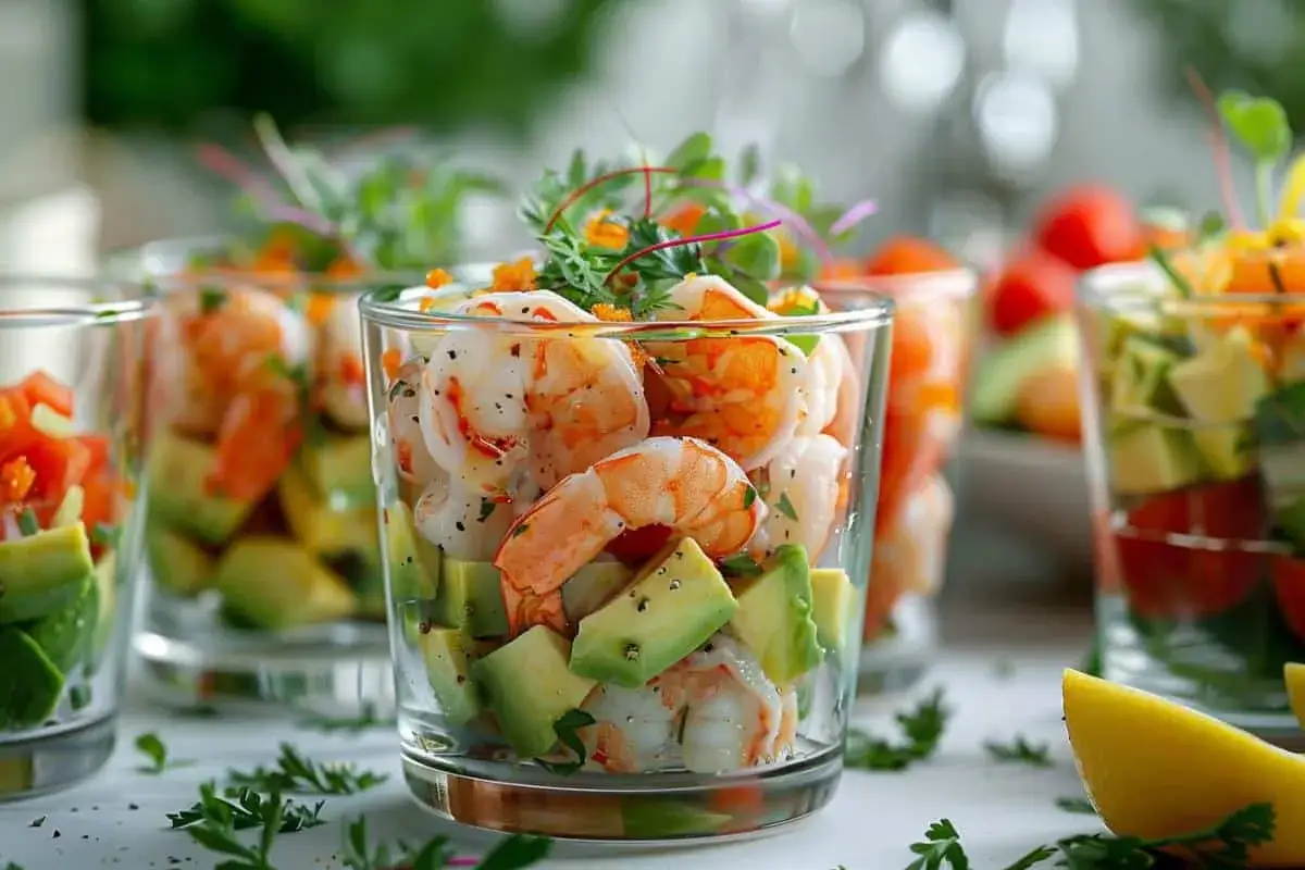 Verrines avocat crevette, un d&eacute;lice frais et color&eacute;. Des crevettes juteuses et des d&eacute;s d'avocat cr&eacute;meux, parfaits pour un ap&eacute;ritif l&eacute;ger.