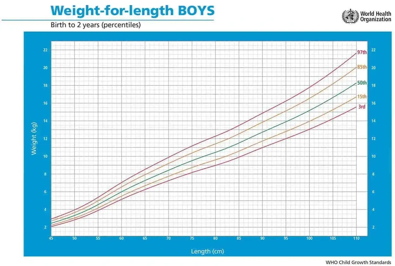 Grafico delle tabelle percentili per peso/lunghezza di neonati maschi da 0 a 2 anni. Mostra le curve di crescita per il 3°, 15°, 50°, 85° e 97° percentile.