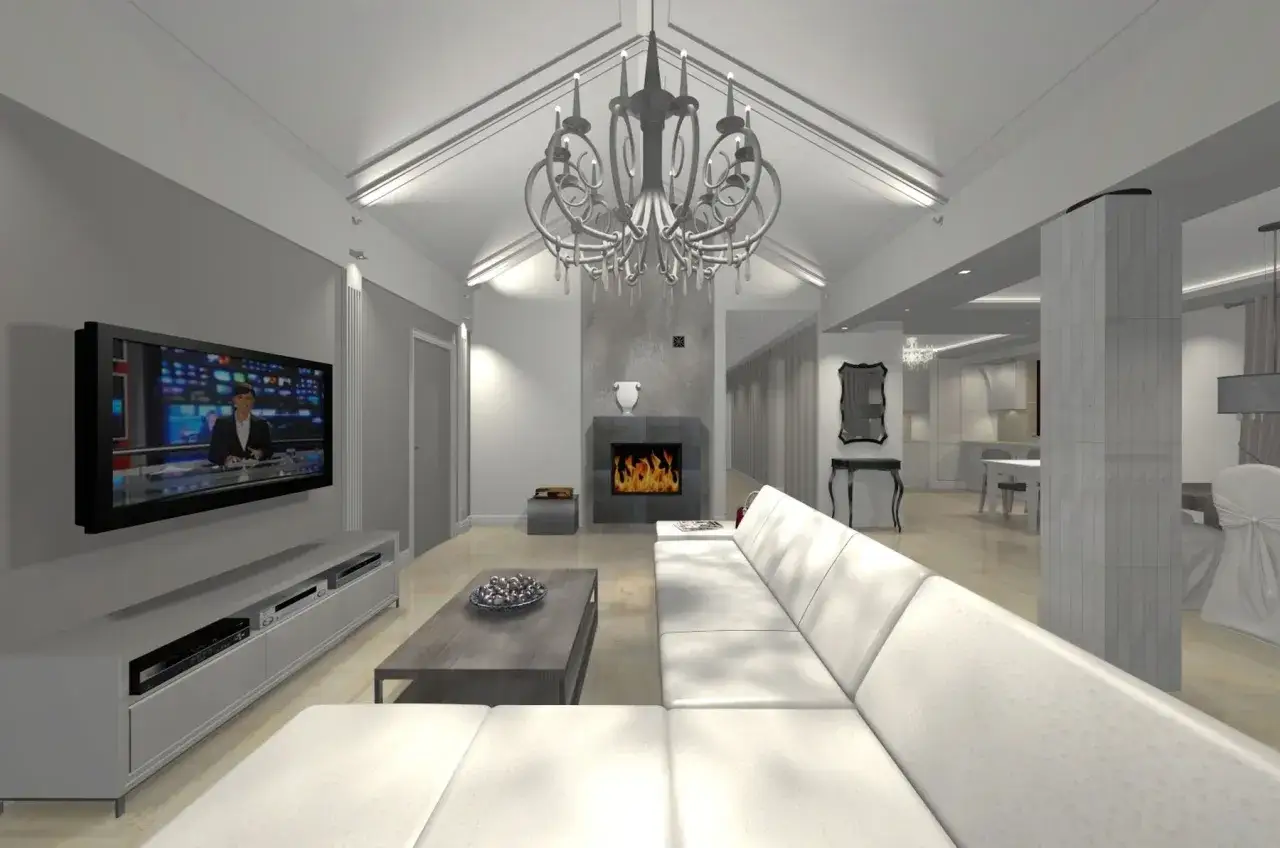 Nowoczesny salon z kominkiem i telewizorem. Elegancki pilaster blog inspiruje do aranżacji wnętrz.