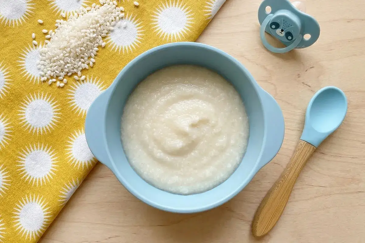 Un tazón azul con puré de pescado y arroz para bebé, junto a un chupete y una cuchara. Arroz crudo sobre un mantel amarillo.
