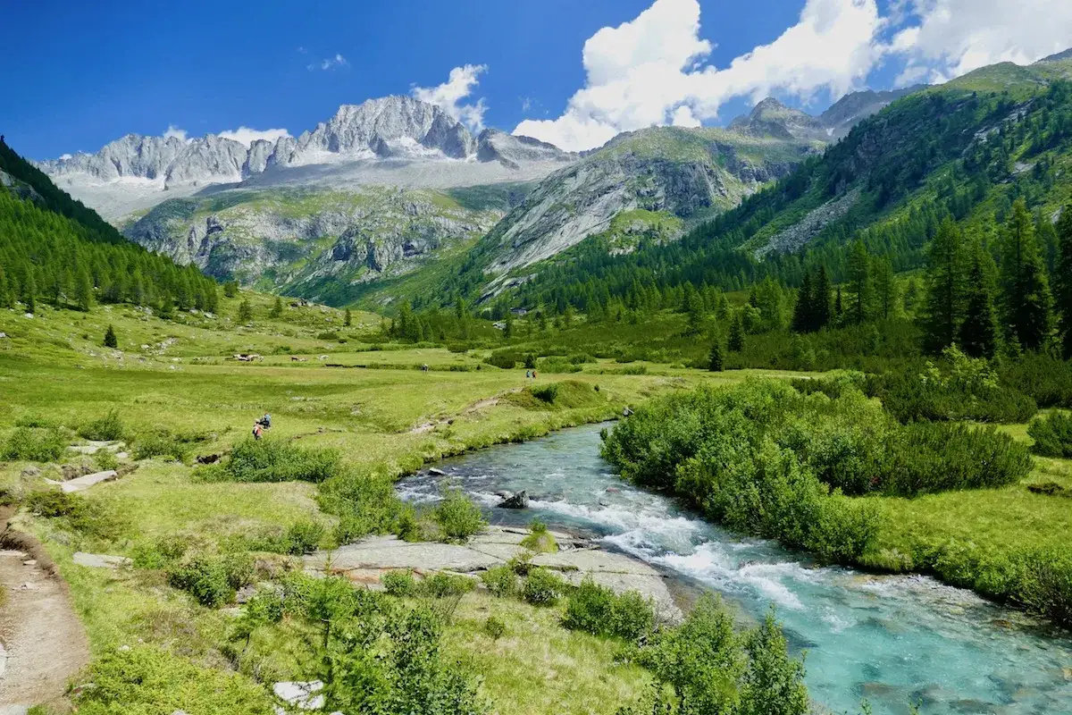Val di Fumo, un'ampia valle alpina con un torrente cristallino e montagne imponenti. L'altitudine offre panorami mozzafiato e aria pura.
