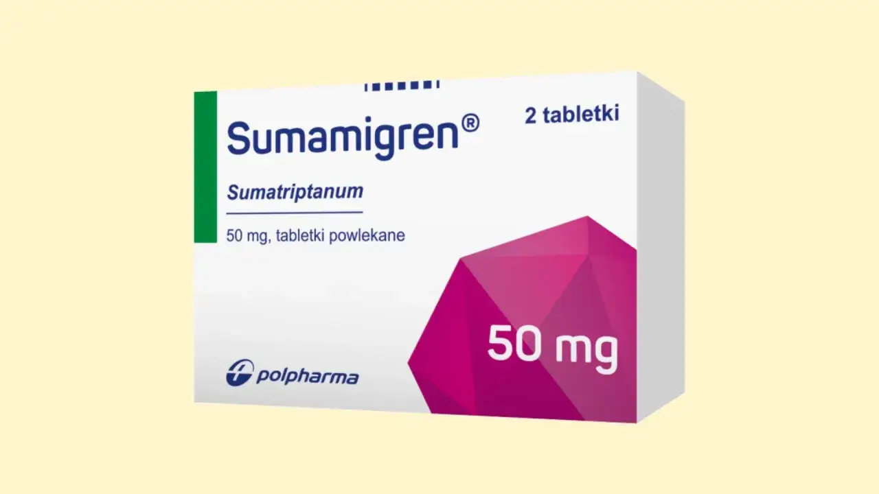 Opakowanie leku Sumamigren, zawierające 2 tabletki po 50 mg. To frimig duo, które pomaga w migrenowych bólach głowy.