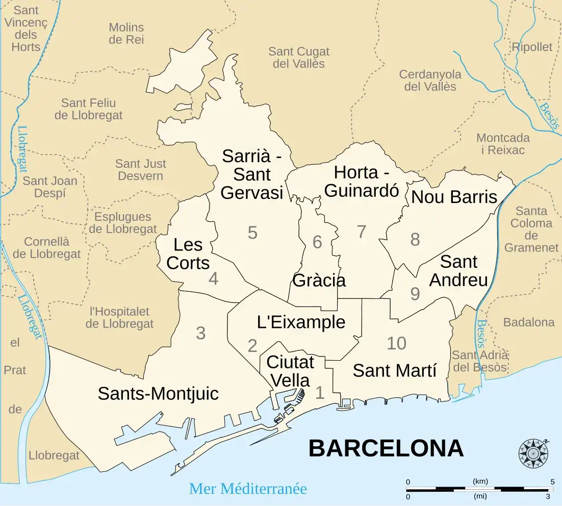 Mapa dzielnic Barcelony z wyróżnionymi obszarami