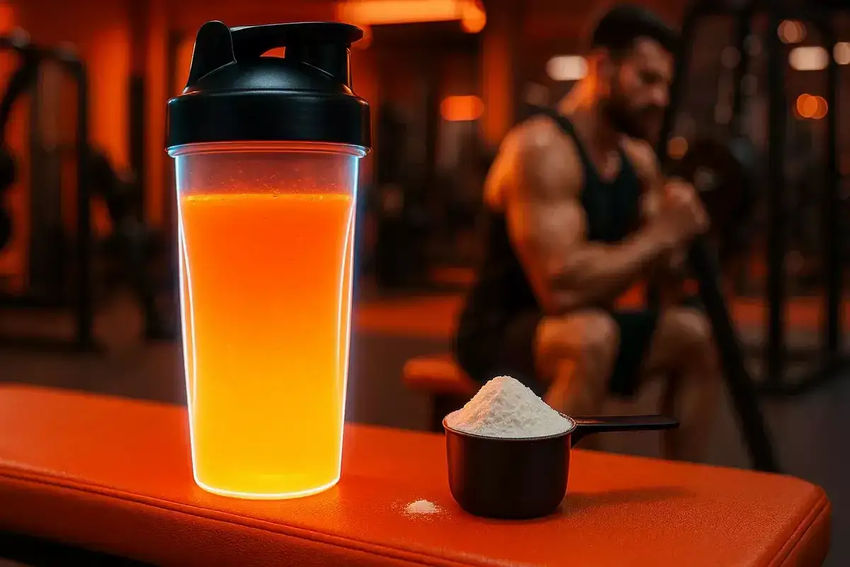 Fitness-Getränk und Pulver für optimale BCAA Wirkung. Ein Mann trainiert im Hintergrund.