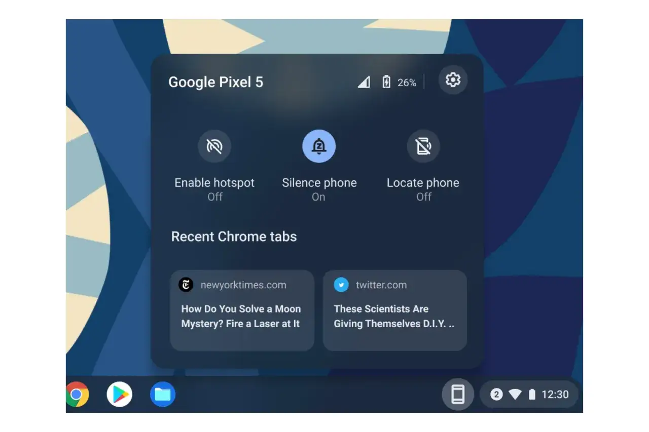 Panel sterowania na Chrome OS z opcjami telefonu Pixel 5, w tym ostatnie karty Chrome: newyorktimes.com i twitter.com.