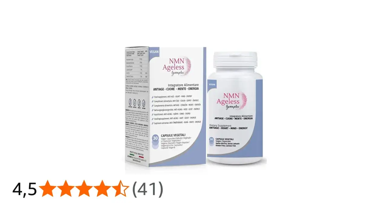 Integratore NMN Ageless Lycomplex, con indicazioni su benefici e ingredienti. Non sono visibili nmn controindicazioni.