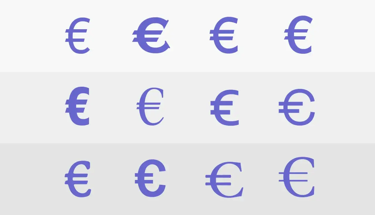 Tolv lila eurosymboler arrangerade i tre rader. En symbol för evro eller euro.