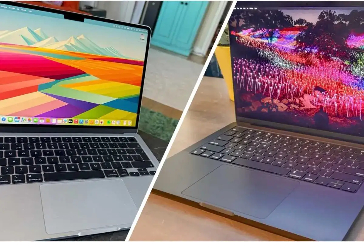Zwei MacBooks nebeneinander, eines in Silber mit bunter Berglandschaft, das andere in Dunkelgrau mit Lichtermeer. Das geringe **MacBook Air Gewicht** macht sie ideal f&uuml;r unterwegs.