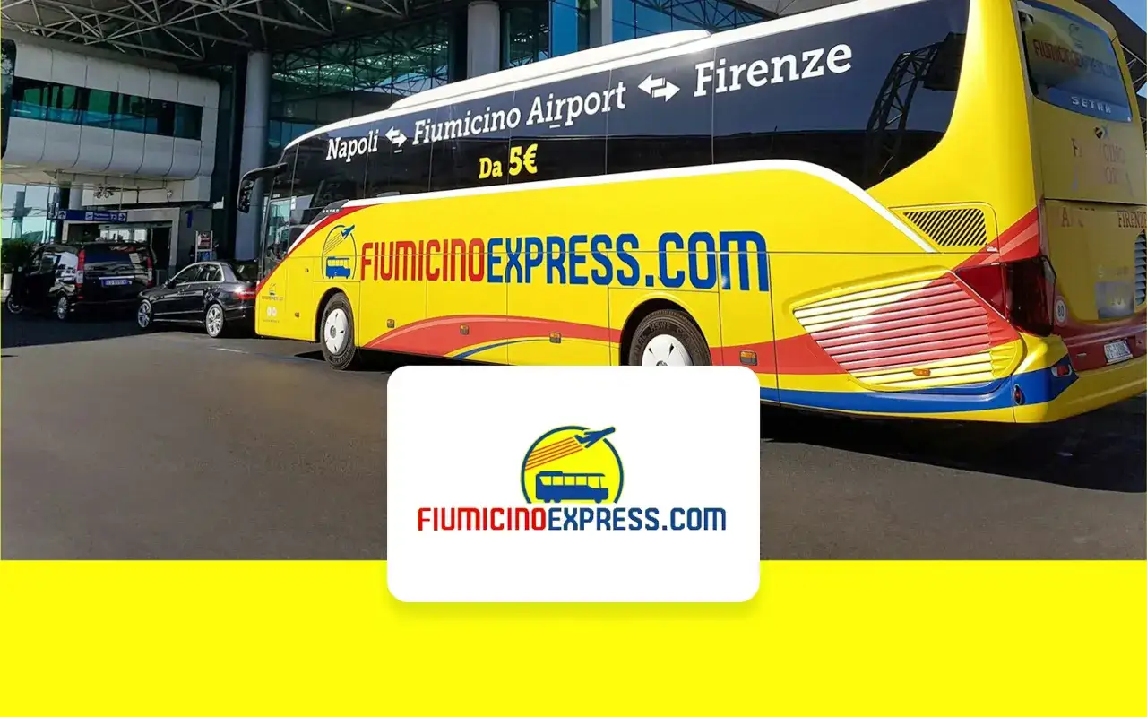 Żółty autobus Fiumicino Express przed lotniskiem, oferujący transport do Florencji.