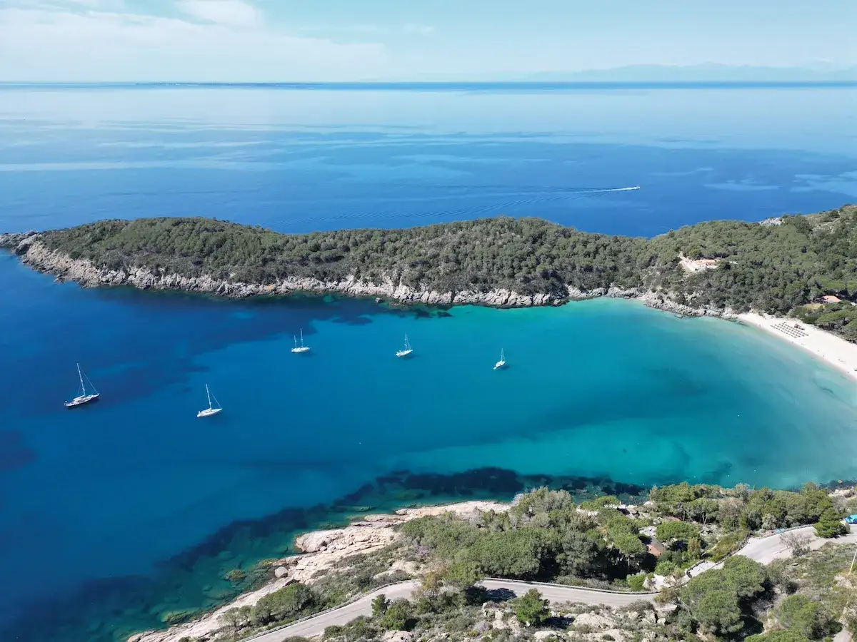 Baia turchese con barche a vela, una spiaggia bianca e vegetazione lussureggiante. Un'ottima idea per scoprire cosa vedere all'Isola d'Elba.
