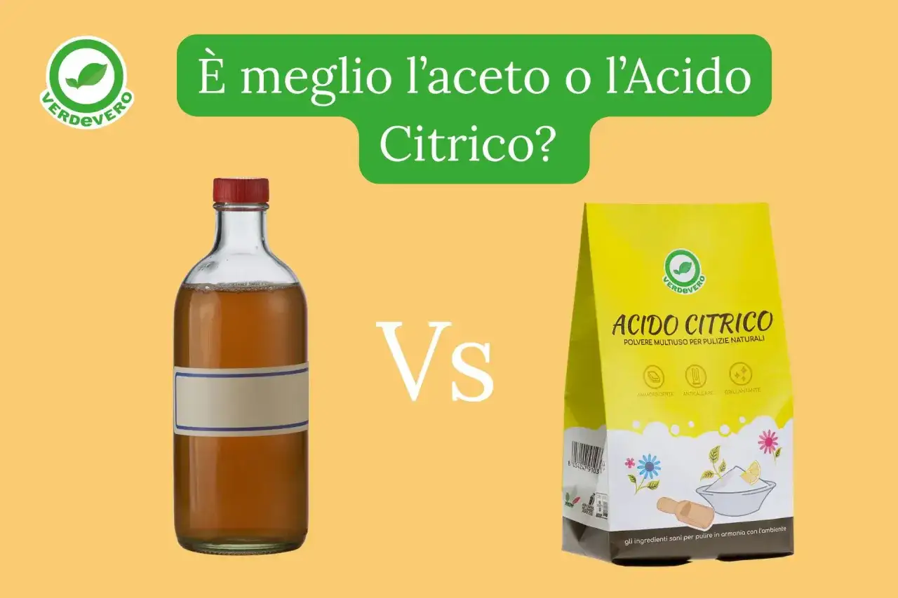 Acido citrico in polvere e aceto in bottiglia, confrontati per pulizie naturali.